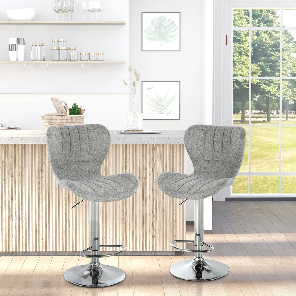 Tabouret de Bar Confortable en Lin Gris : Lot de 2 Sièges Ergonomiques