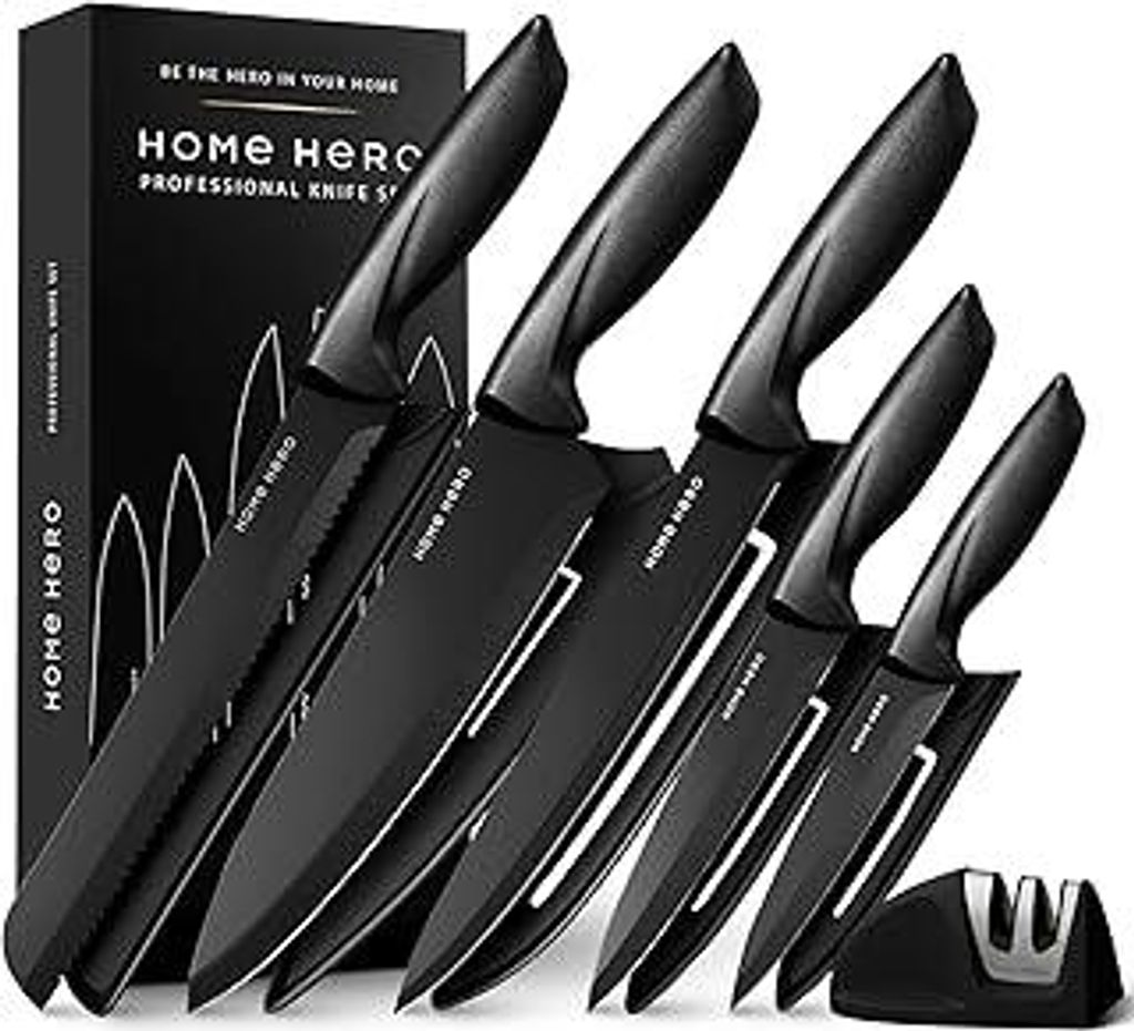 Home Hero Messerset mit Messerschärfer - Scharfe Küchenmesser Set - Messerblock Kochmesser Set Edelstahl Messer Set (5 Messer, 5 Scheiden, Messer...