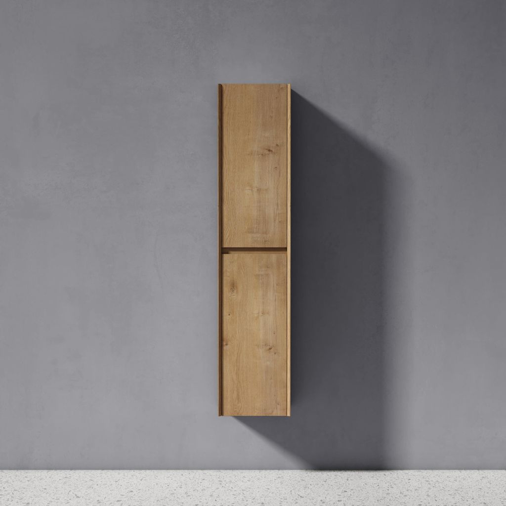 A wooden cabinet is mounted on a gray wall, with a shadow cast to the right.