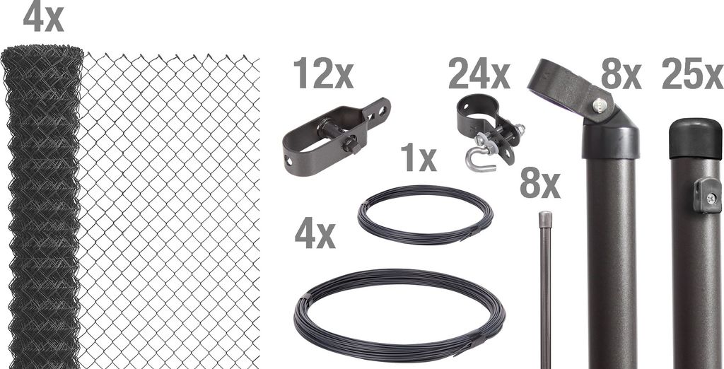 A collection of fence components and accessories.