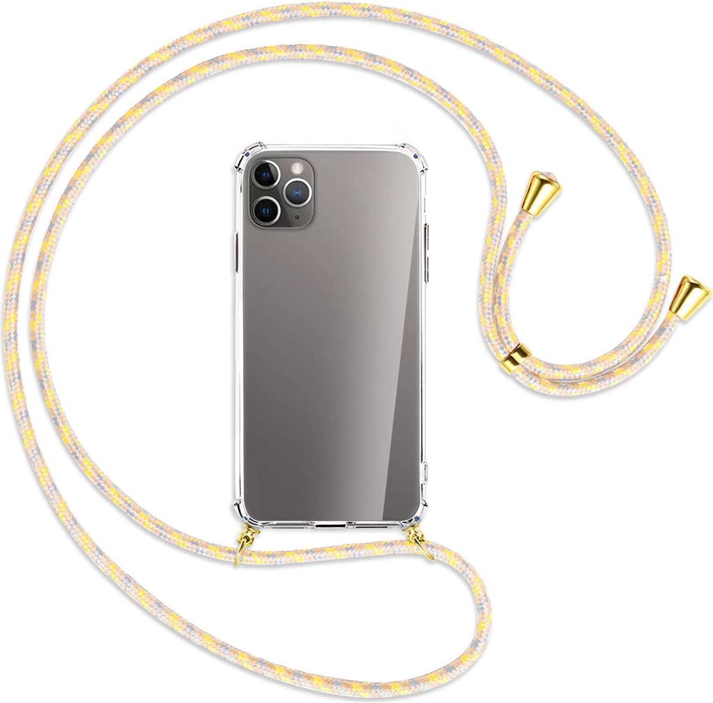 Handykette Backcover-Schutzhülle mit Band (Metall goldfarben) für Apple iPhone 11 Pro Max - schwarz/weiß gestreift