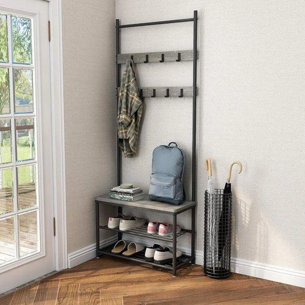 Étagère à chaussures avec crochets en bois naturel, 70 x 32 x 175 cm