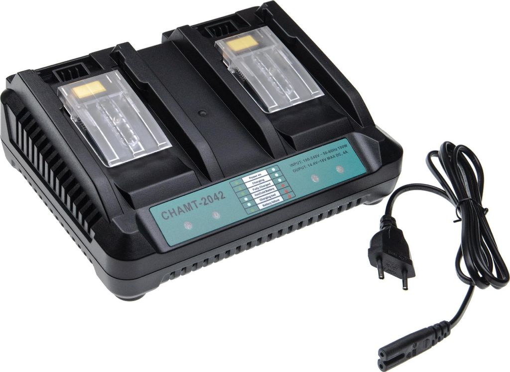 vhbw Dual-Ladegerät kompatibel mit Makita XRH03Z, XRH01ZVX, XRH04Z, XRH05Z, XRH04ZZ, XRJ03Z, XRJ01Z, XRM02W Werkzeug Li-Ion-Akkus, 100 W, 14,4 V