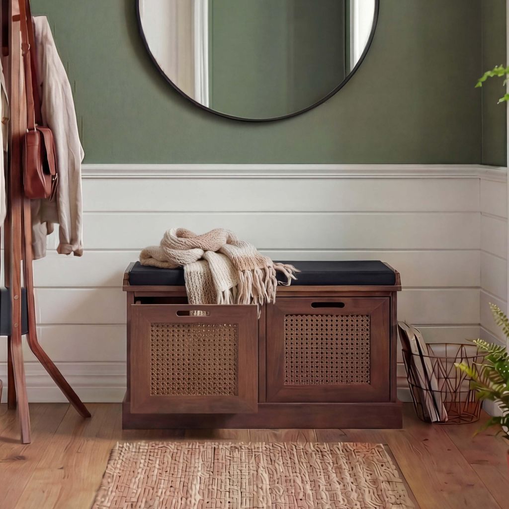 A hallway or entryway with a bench, coat rack, and mirror.