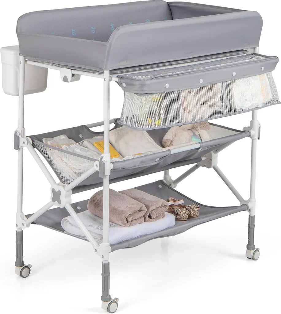 Table à langer pour bébé avec rangement complet et poubelle, coloris gris