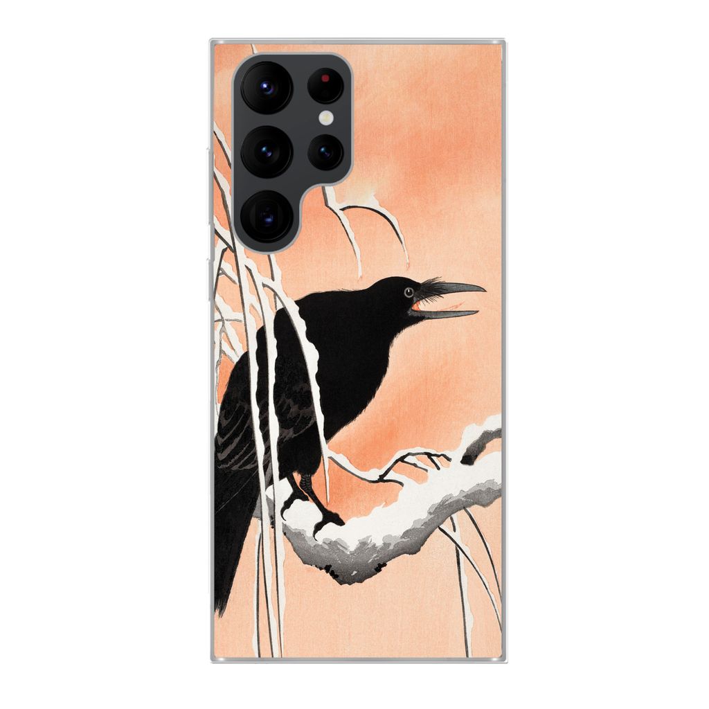 MuchoWow Handyhülle Schutzhülle Hülle für Samsung Galaxy S22 Ultra Krähe - Zweig - Vintage - Japanisch Silikon Softcase Handy Hülle - Abbil...