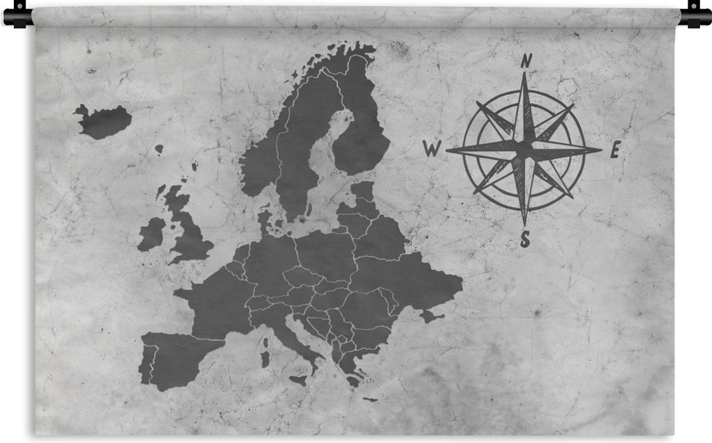 MuchoWow Wandteppich Wandbehang Vintage-Europakarte mit großer Kompassrose - schwarz und weiß 60x40 cm Tapisserie Dekoration Wandtuch - Wanddek...