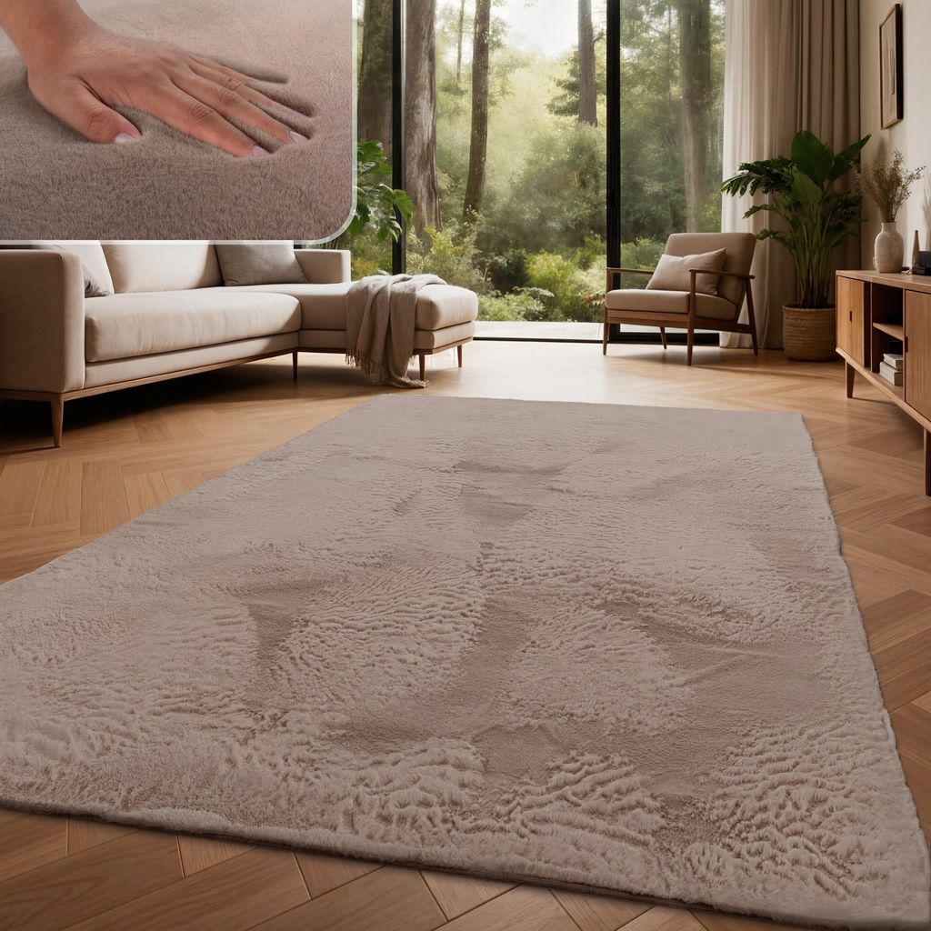 Teppich Wohnzimmer Hochflor Softes Kaninchenfell Imitat Kunstfell Taupe Grösse 80x150 cm