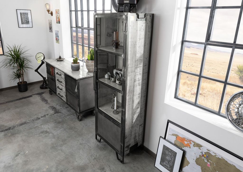 MASSIVMOEBEL24 Vitrine Mango 60x40x180 grau lackiert HEAVY Produktbild 