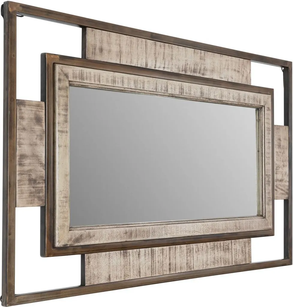 Miroir Mural Industriel en Bois de Manguier et Fer Brut - 76 x 122 cm