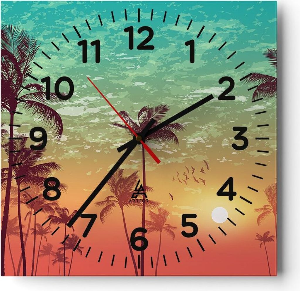 Wanduhr - Quadrat - Glasuhr - Horizont Küste Kokosnuss Himmel - 30x30cm - Schleichendes Uhrwerk - Lautlos - zum Aufhängen bereit - Dekoration Mod...