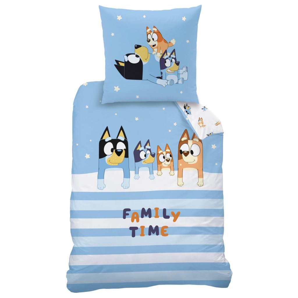 Bluey Kinderbettwäsche "Family Time" 135x200 + 80x80 cm in Renforcé, Geschenkidee, Wendebettwäsche für Mädchen und Jungen, Bluey & Family
