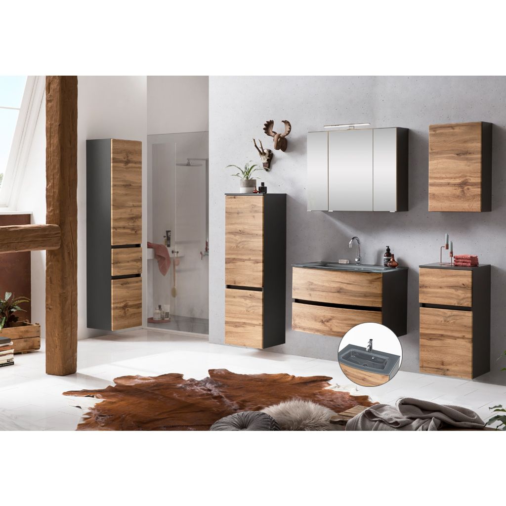 Badezimmer Set LAURIA-03 mit Glasbecken grau, Beleuchtung, in Graphitgrau mit Wotaneiche Nb., BxHxT: ca. 200x200x49 cm