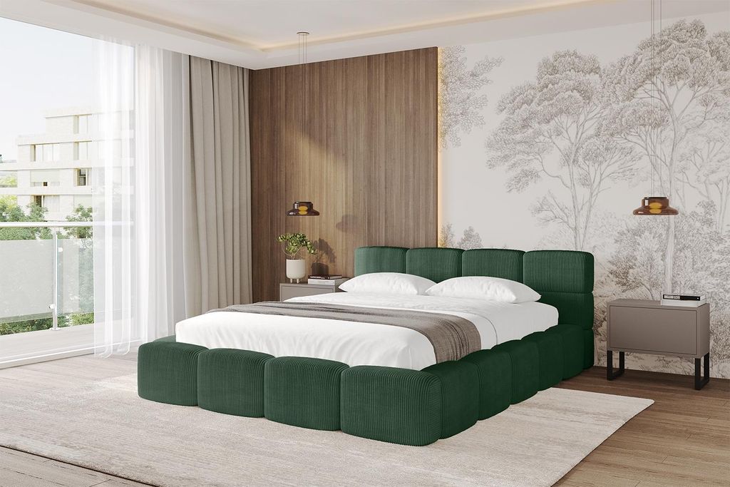 ALTDECOR Polsterbett mit Bettkasten - NATA-v1 - 200x200 Grün - Poso 14 Bett mit Matratze H3/H4 Kopfteil, Boxbett, Doppelbett mit Stauraum