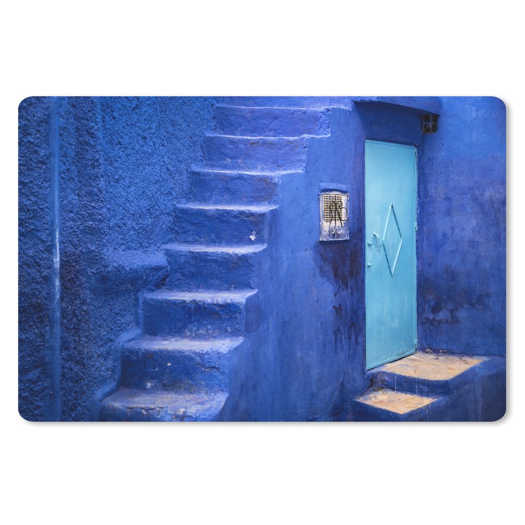 MuchoWow Mauspad Mousepad Architektur - Blau - Treppe - Tür 27x18 cm - Mousepads - Maus Mat - Pad - Mausunterlage - Büroartikel - Desk Matten