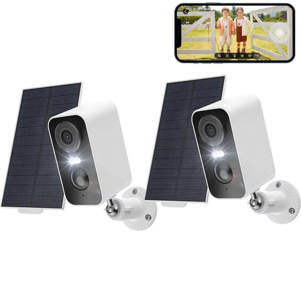 2-Kamera-Set White Überwachungskamera Aussen Akku Solar, Kamera Überwachung Aussen mit Farbige Nachtsicht
