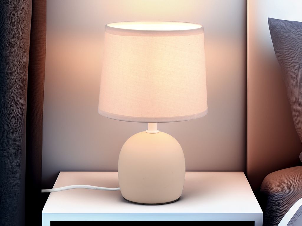 LED Tischleuchte rund 1 flammig Keramikfuß Stofflampenschirm Beige, Höhe 26cm