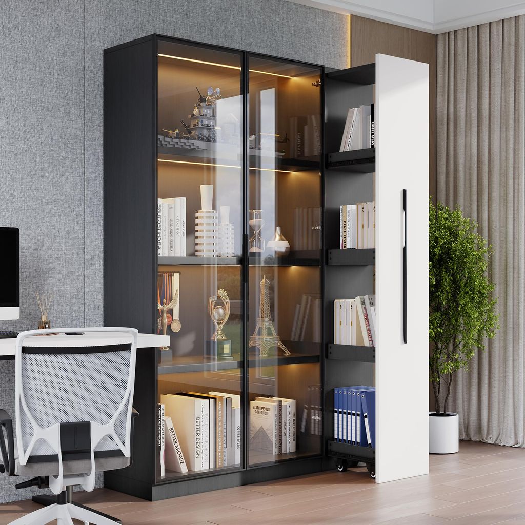 MODFU Vitrine mit LED,Hochschrank mit Glastür,Rollschrank mit Glastür und Seitenzug, Beistellschrank für Badezimmer und Esszimmer,Schwarz