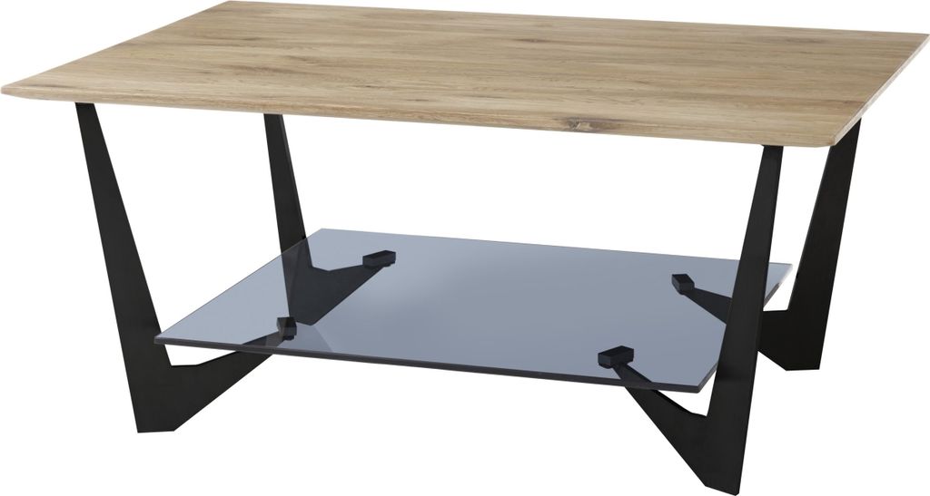 Couchtisch >LEON< in Eiche, Massivholz / Glas / Metall - 90x40x60cm (BxHxT)