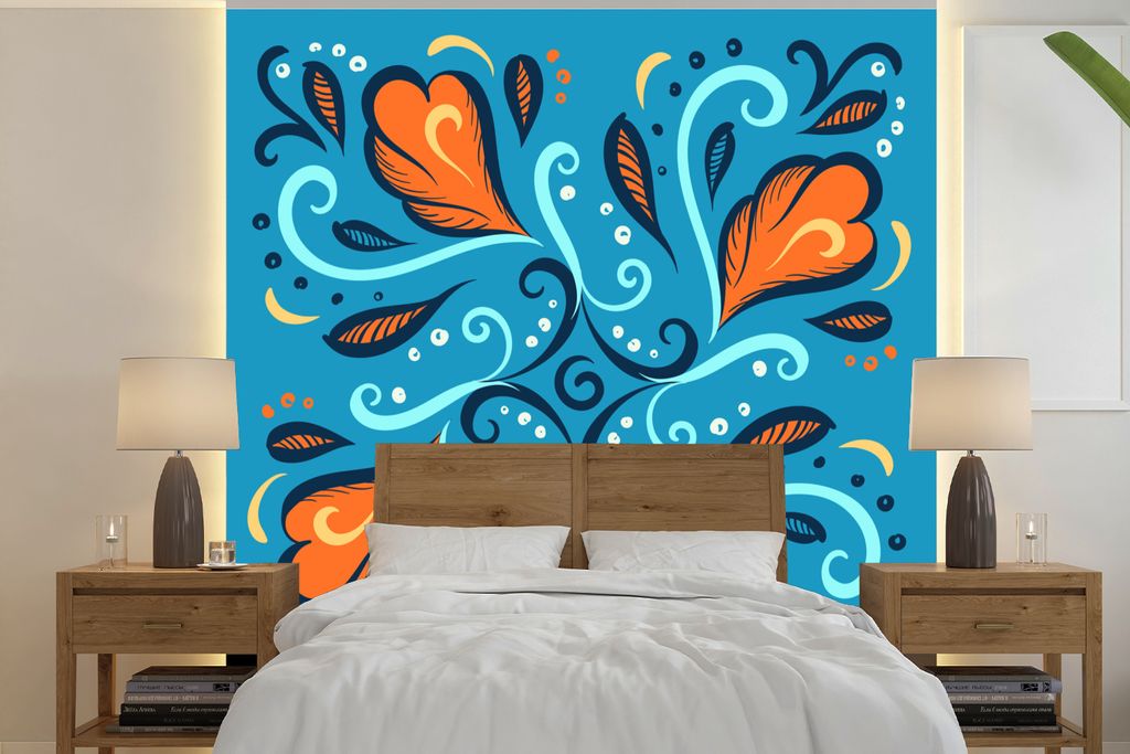MuchoWow Fototapete für Wohnzimmer oder Schlafzimmer Wandtapete Vinyl Motivtapete Federn - Blau - Muster - 260x260 cm - Papiertapeten