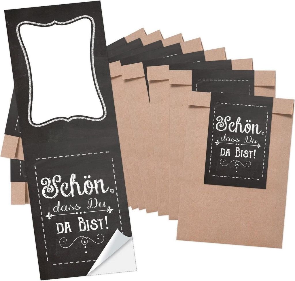 10 kleine braune Papiertüten Geschenktüten Geschenk-Verpackung (8,5 x 13 cm) und 10 lange Aufkleber 5 x 14,8 cm SCHÖN DASS DU DA BIST Tafel-Opti...