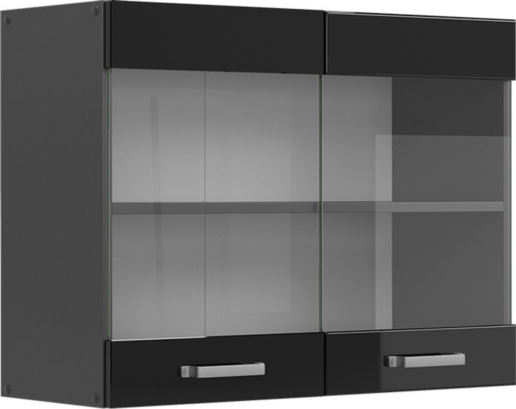 A black high-gloss kitchen wall cabinet with glass doors and two drawers.