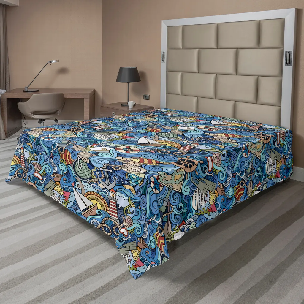 Drap Plat Doux et Infroissable Motif Mer et Poissons pour Nuits Fraîches