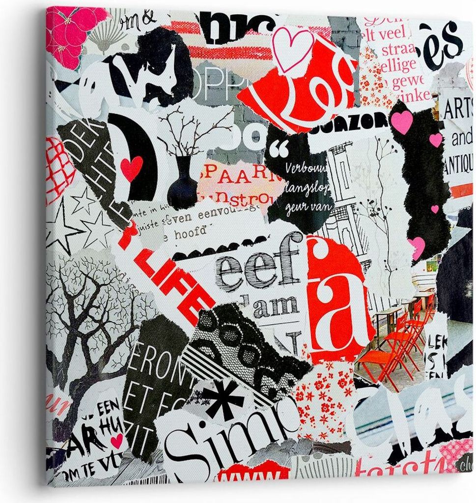 Bild auf Leinwand - Leinwandbild - Worte Muster Herzen Magazin - 40x40cm - Wand Bild - Wanddeko - Leinwanddruck - Bilder - Kunstdruck - Wanddekorat...