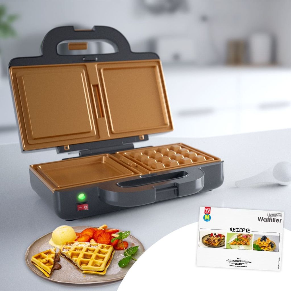 Livington Waffiller - Waffeleisen - süß & herzhaft - mit Anti Haft Beschichtung - für gefüllte Waffel-, Pizza-, Blätter-, Muffin- oder Kuchent...