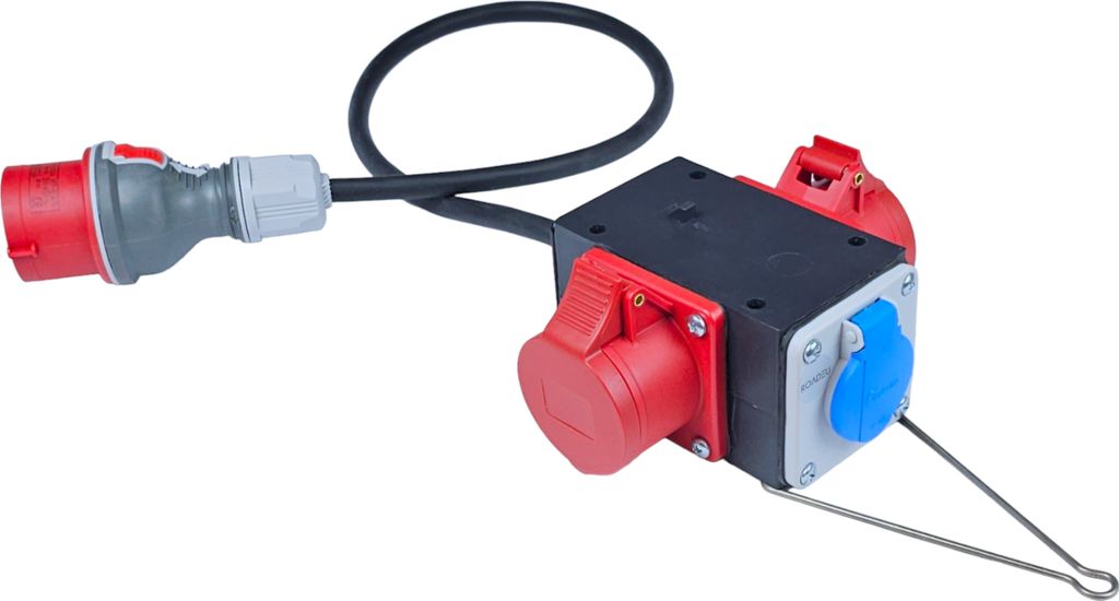 Stromverteiler mit CEE und Schuko Ausgänge - 380V und 230V Baustromverteiler 16A - Gummikabel 0,5 m - 5P CEE Stecker und Dosen Energieverteiler