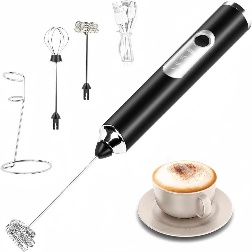 Milchaufschäumer Elektrisch 3 Gänge, USB Wiederaufladbar Milchschäumer mit 2 Gerätekopf und 1 Halterung, geeignet für Kaffee,Cappuccino, Mi...