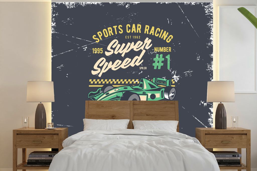 MuchoWow Fototapete für Wohnzimmer oder Schlafzimmer Wandtapete Vinyl Motivtapete Rennwagen - Grün - Vintage - 220x220 cm - Tapeten