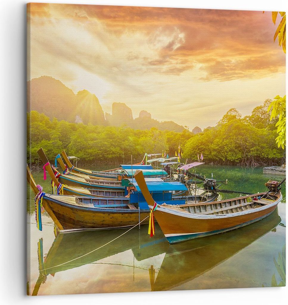 Bild auf Leinwand - Leinwandbild - Berge Boot Wasser - 50x50cm - Wand Bild - Wanddeko - Wandbilder - Leinwanddruck - Bilder - Kunstdruck - Wanddeko...