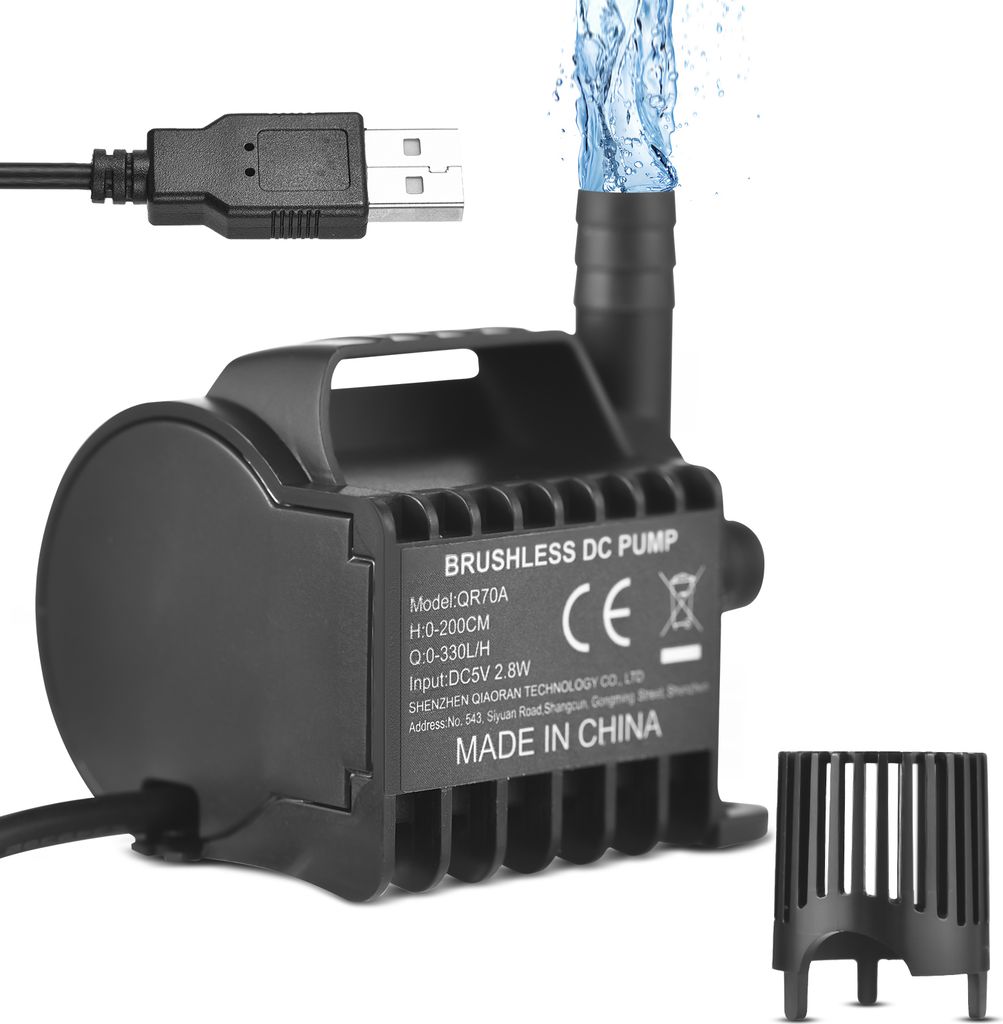 Tauchwasserpumpe, elektrisch, 500 l/h, kleine Springbrunnenpumpe mit max. 1,5 m Hubhoehe, 2 m USB-Kabel und Saugnapfsockel, tragbare Minipumpe fuer...