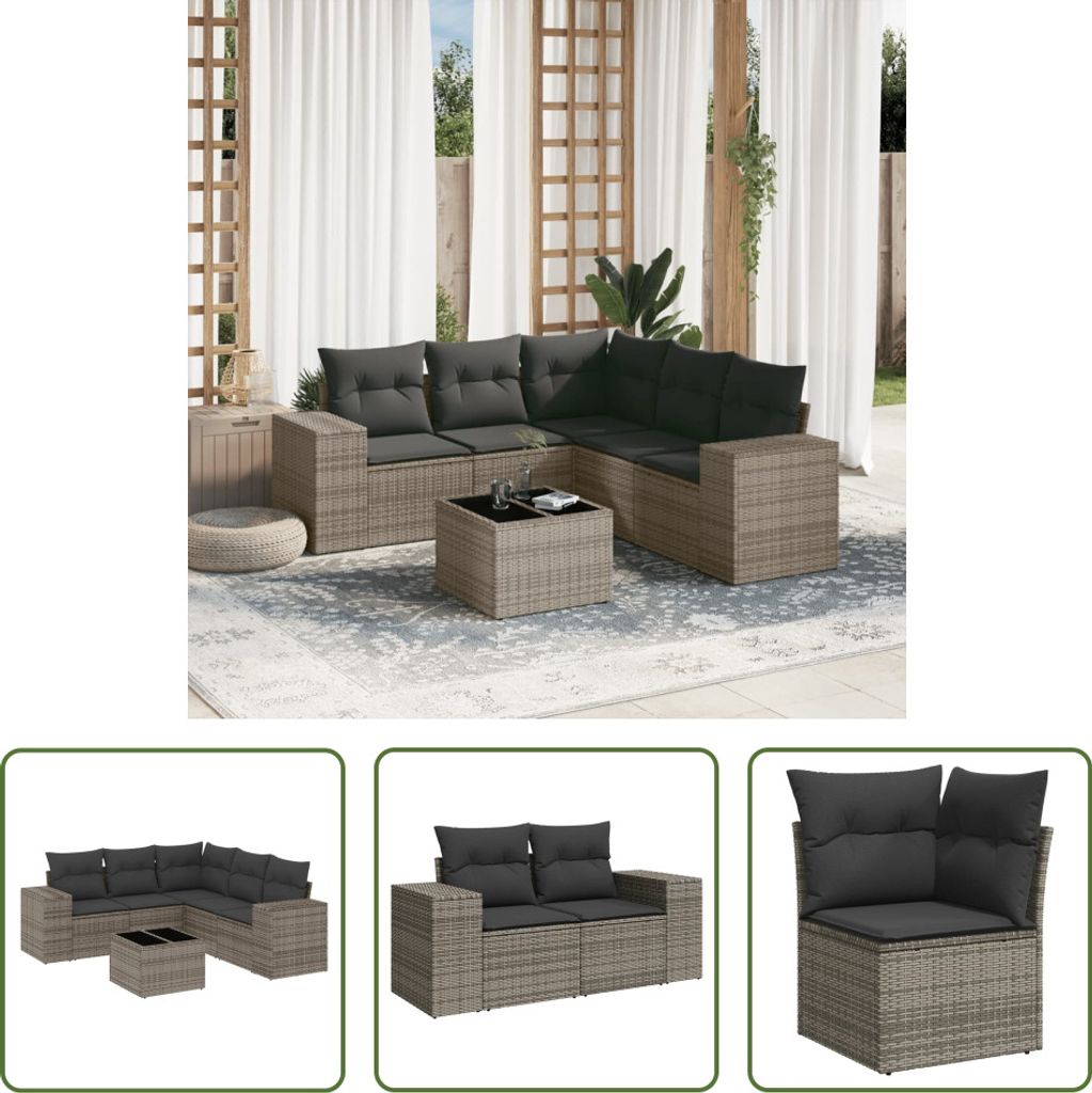 The Living Store 6-tlg. Garten-Sofagarnitur mit Kissen Grau Poly Rattan