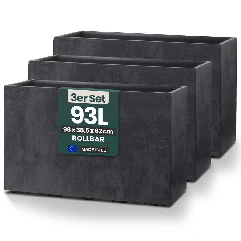 Kreher XXL Sichtschutz Pflanzkasten hoch 93L - 98x38,5x62 cm - doppelwandig & rollbar, mit Entwässerungsstopfen - Naturstein Optik, 3 Stück Ant...