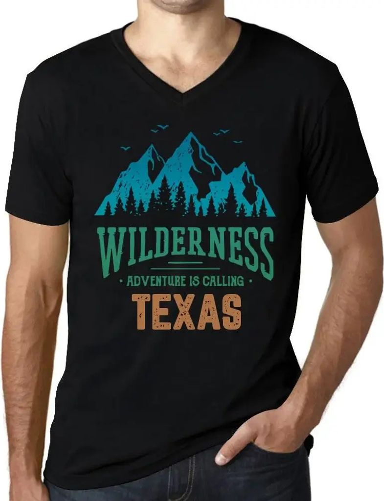 Herren Grafik T-Shirt V-Ausschnitt Wildnis das Abenteuer ruft in Texas – Wilderness, Adventure Is Calling Texas – Öko-Verantwortlich Vintage J...