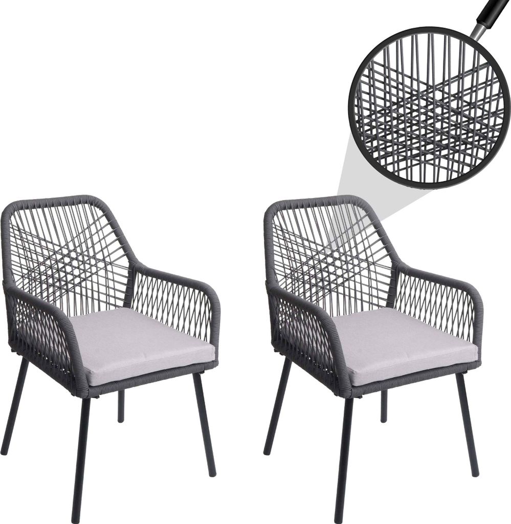 2er-Set Gartenstuhl MCW-O12, Outdoor Sitzpolster Aluminium Seilgeflecht Rope anthrazit, Bezug grau