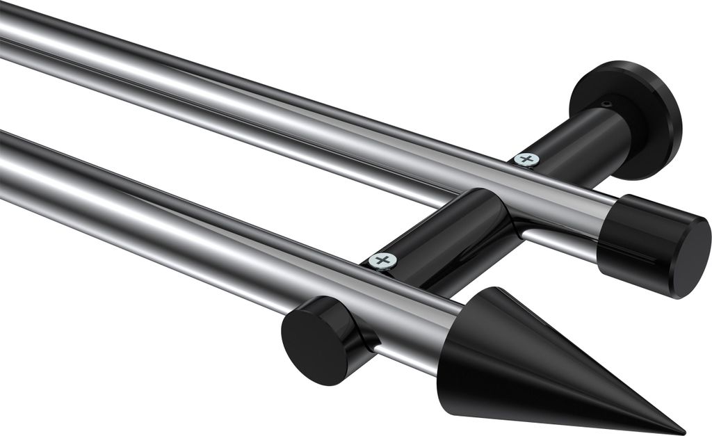 Interdeco Gardinenstange / Vorhangstange Chrom / Schwarz, Typ Platon Savio (Kegel) ohne Ringe, 20 mm Ø 2-läufig, 360 cm