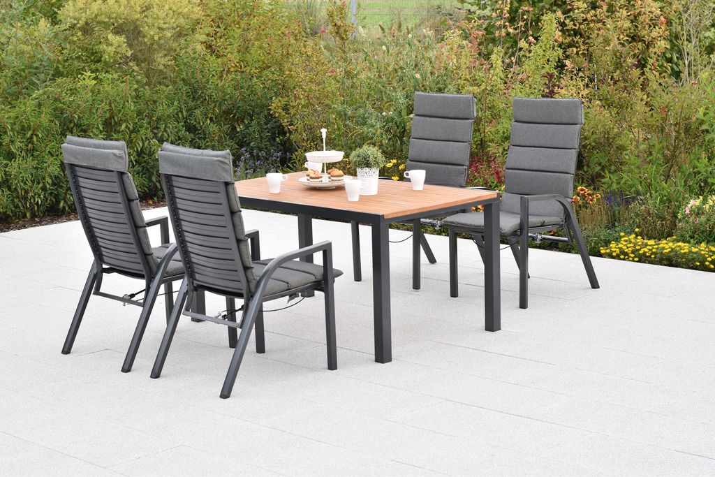 Merxx Gartenmöbel Set Siros9tlg., 4 Sessel verstellbar durch Gasdruck, 4 Auflagen, Tisch 150 x 90 cm-Akazie/Aluminium