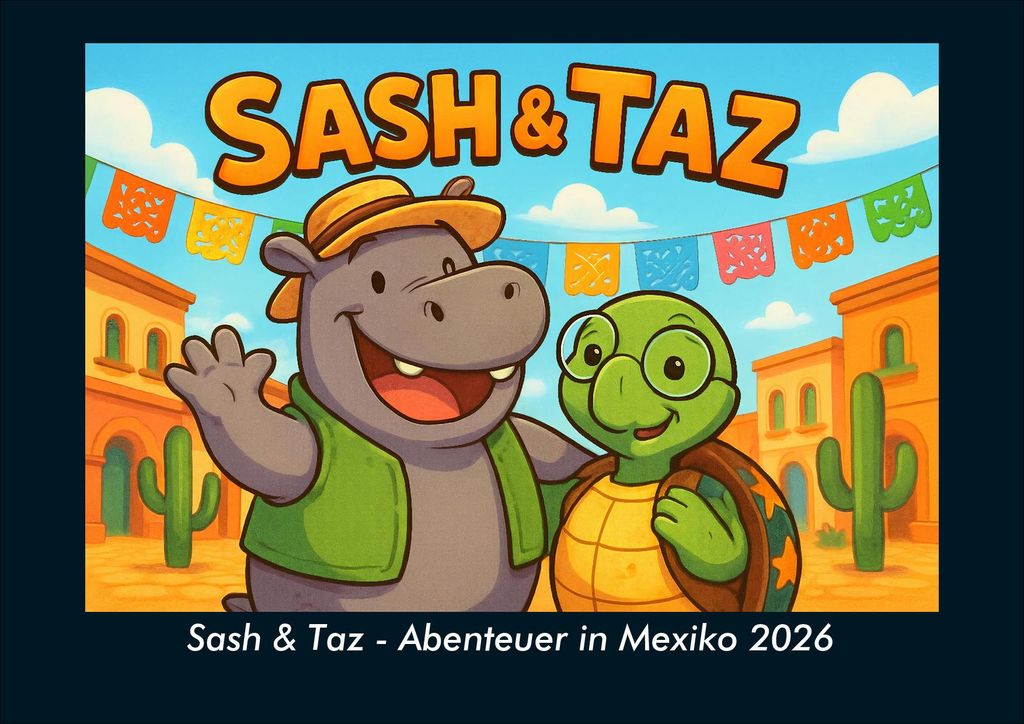 Sash & Taz - Abenteuer in Mexiko 2026 Fotokalender - Querformat DIN A4, Monatskalender mit Kinder-Motiven von Tieren, Reisen, Freundschaft und Aben...