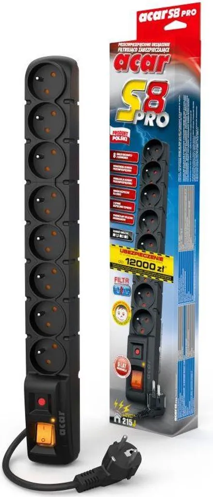 Multiprise pour Bureau Acar S8 Pro Noire Parafoudre Câble de 1,5 Mètre