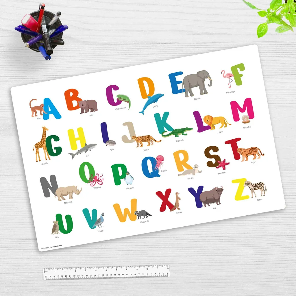 Tapis de bureau enfant Alphabet et Animaux en vinyle souple 60x40
