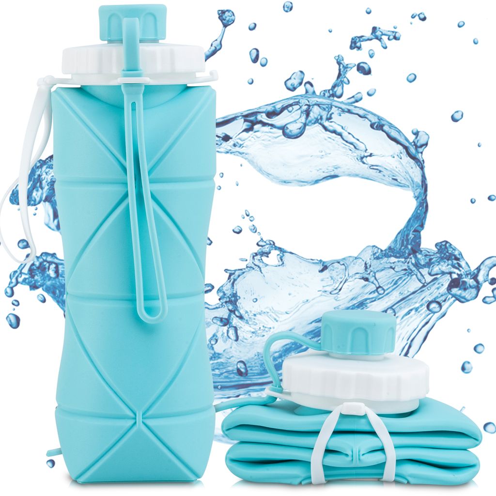 Faltbare Wasserflasche, faltbare Silikon-Wasserflaschen Auslaufsichere  BPA-freie Reise-Wasserflaschen mit Karabiner Blau