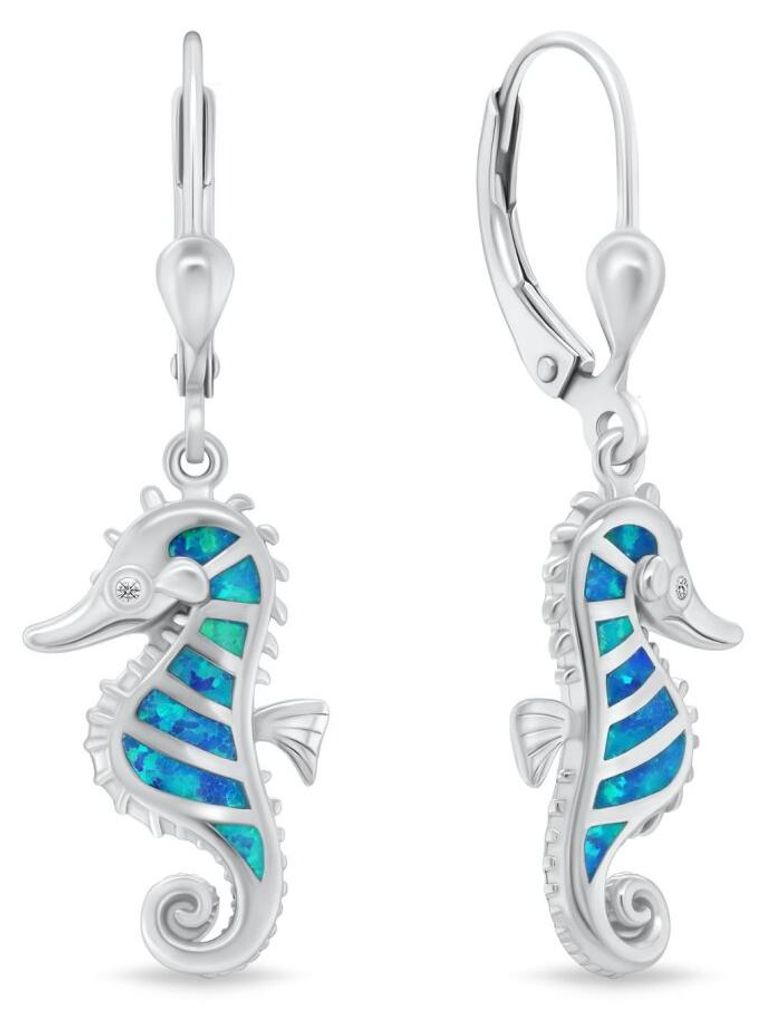 Orecchini in argento con cavallucci marini e opali blu Immagine del prodotto 