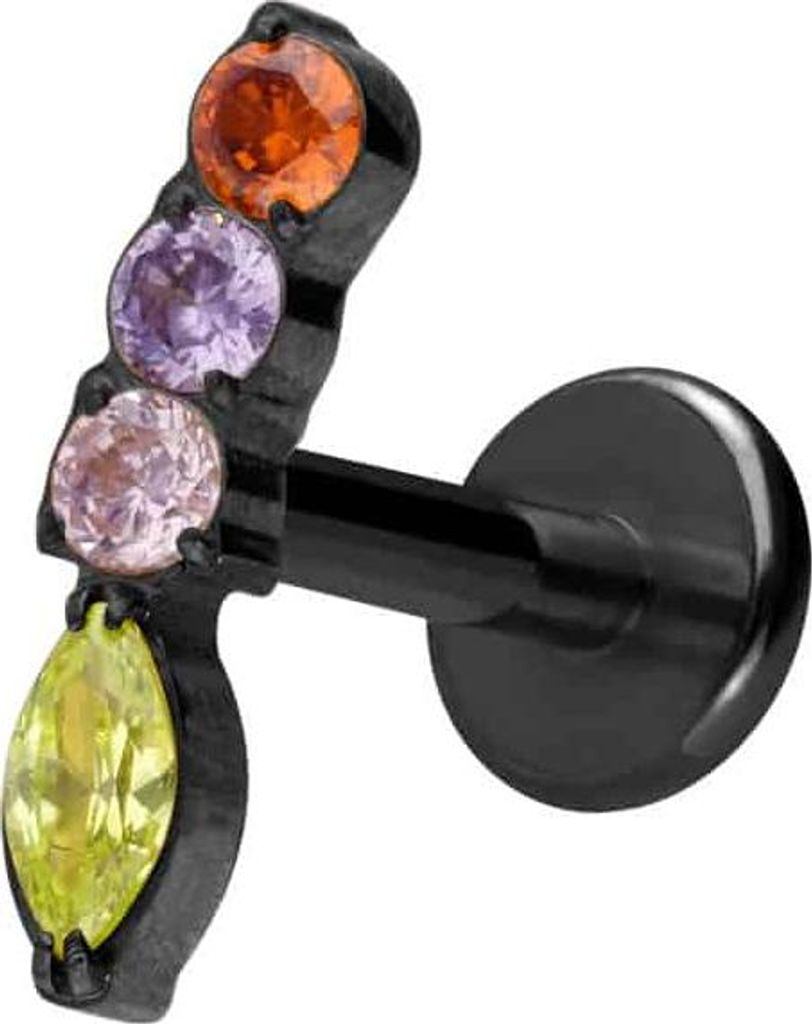 Ohrpiercing, Nasenpiercing Titan Labret mit Innengewinde BUNTER KRISTALLBOGEN Schwarz Stablänge: 7mm | Stabstärke: 1,2mm