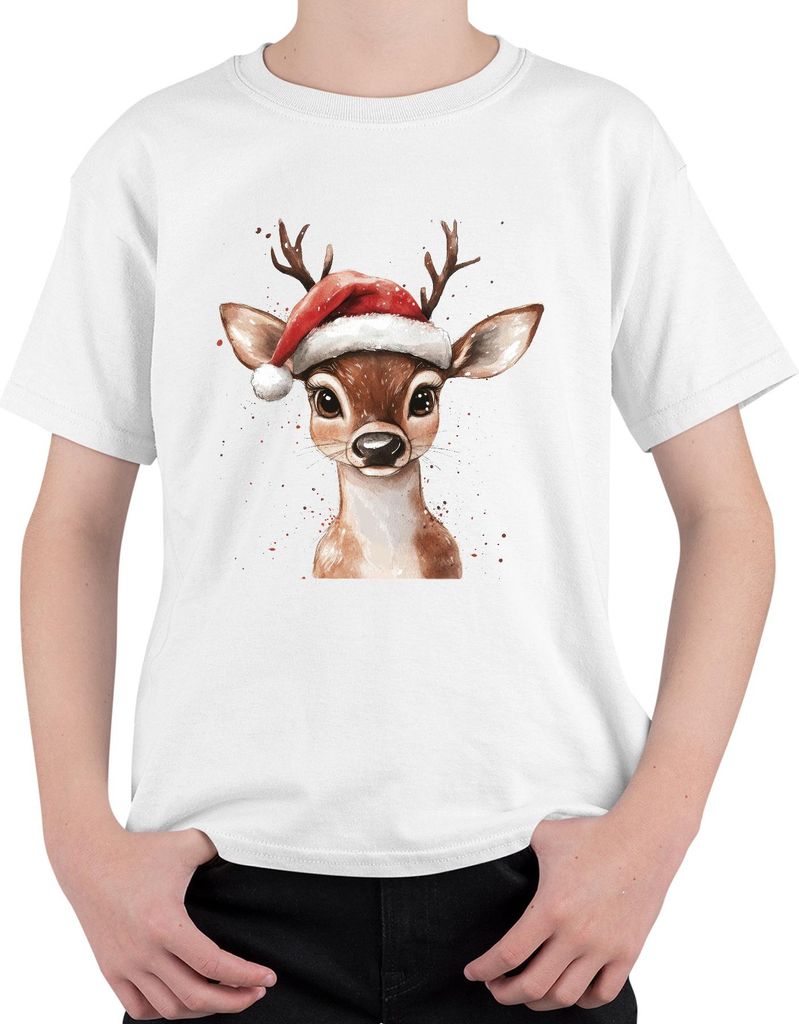 Weihnachten Rentier Aquarell Rehkitz süß Santa Geschenk Kinder Uni Kinder T-Shirt, Weiß, 128