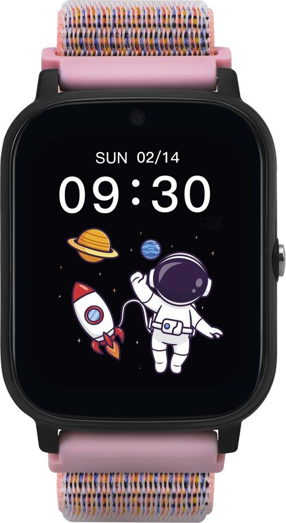 A smartwatch with a space-themed wallpaper showing an astronaut, a rocket, and planets.