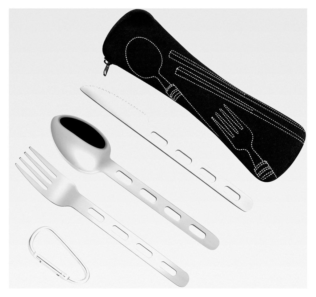 5-in-1 Besteckset aus Edelstahl, Essbesteck mit Messer, Gabel und Löffel, tragbares Campingbesteck für Reisen und Schulen, Bestecktasche für unt...