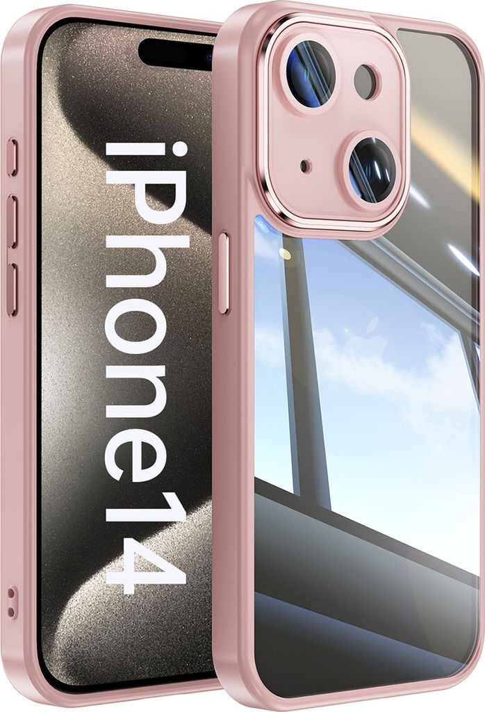 Handyhülle für iPhone 14 Hybrid Transparent TPU PC Militärschutz mit Kameraabdeckung Pink